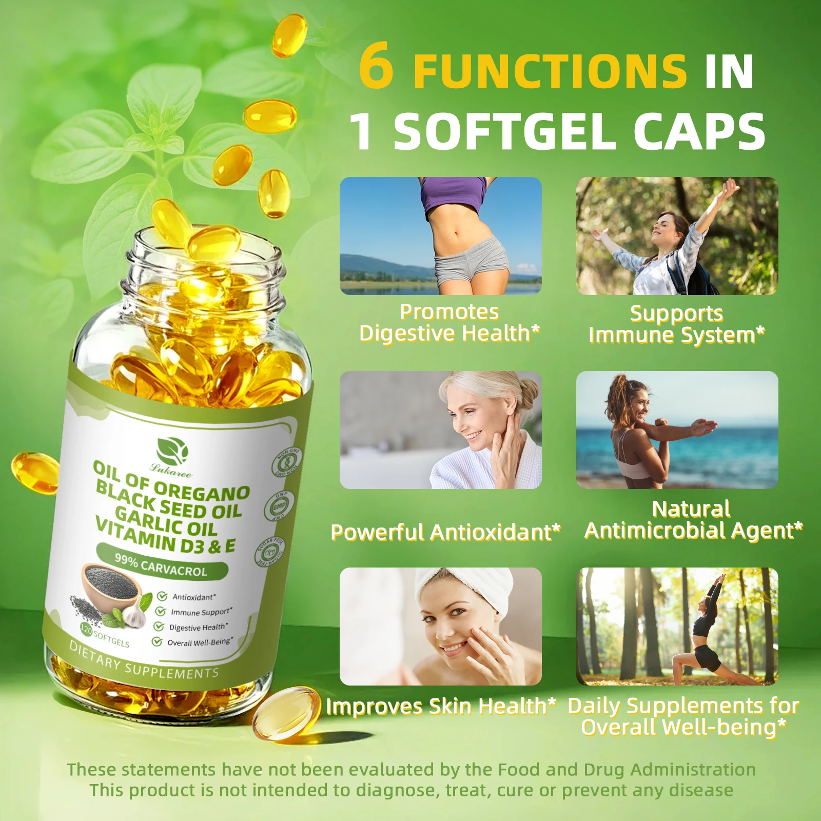 LUKAREE Oregano Oil Capsules with Black Seed Oil, Garlic Oil, Vitamin D3 E for Antioxidant, Immune and Digestive Support, GMO Free