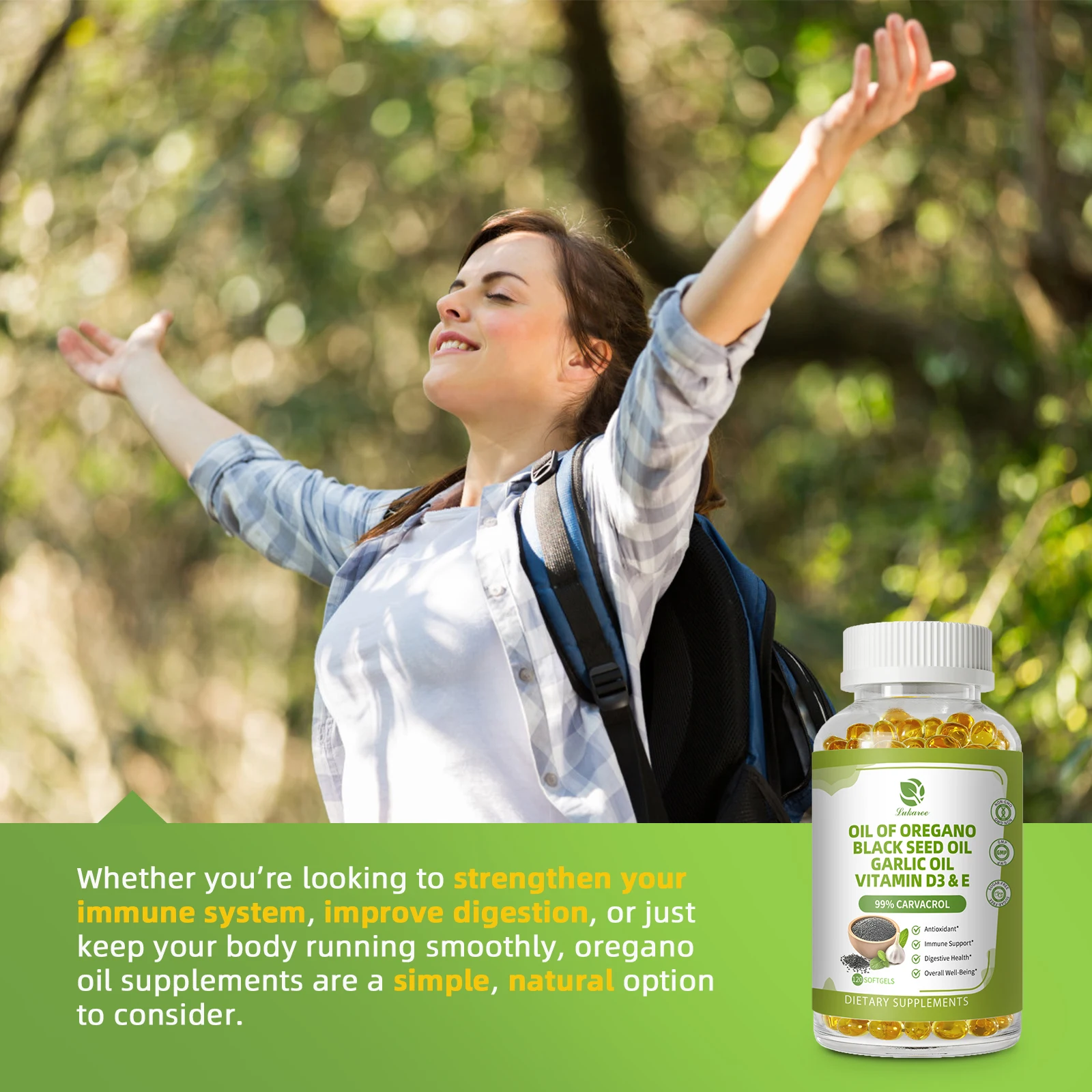 LUKAREE Oregano Oil Capsules with Black Seed Oil, Garlic Oil, Vitamin D3 E for Antioxidant, Immune and Digestive Support, GMO Free